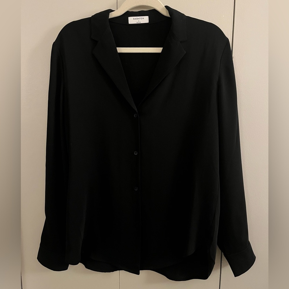 Aritzia Babaton Black Button-Front Long-Sleeve Blouse